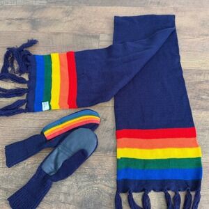 Van Raalte Kids Vintage Rainbow Knit Scarf and Mittens Set Navy Blue One Size